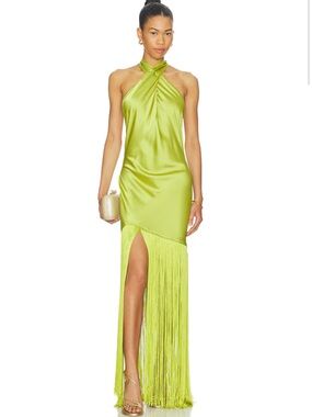Show Me Your MuMu Lime Green One-Shoulder Satin Fringe Dress